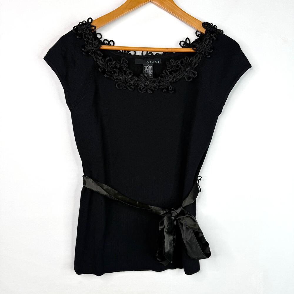 Grace Black Floral Neckline Tie Waist Blouse S